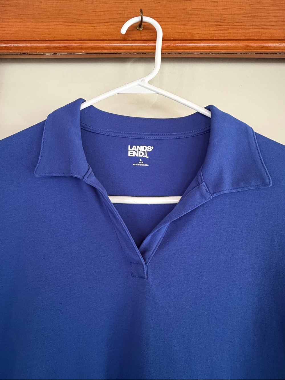 Land’s End cobalt blue johnny collar top, size L polo collar 3/4 sleeves - Picture 3 of 7